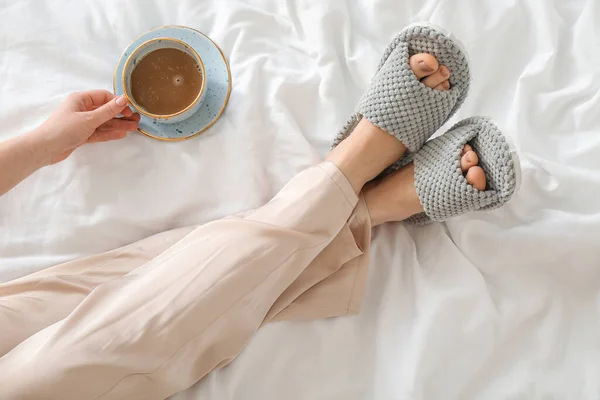 Woman Soft Slippers Drinking Coffee Bedroom — Stock Photo, Image