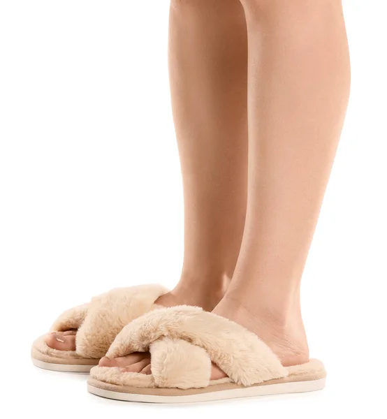 Female Legs Soft Slippers White Background — Stock Photo, Image