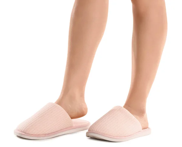 Female Legs Soft Slippers White Background — Stock Photo, Image