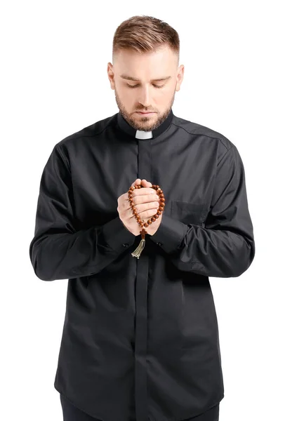 Young Priest Praying God White Background — Stock Photo, Image