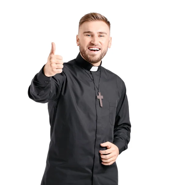 Handsome Young Priest Showing Thumb White Background — Stock Photo, Image