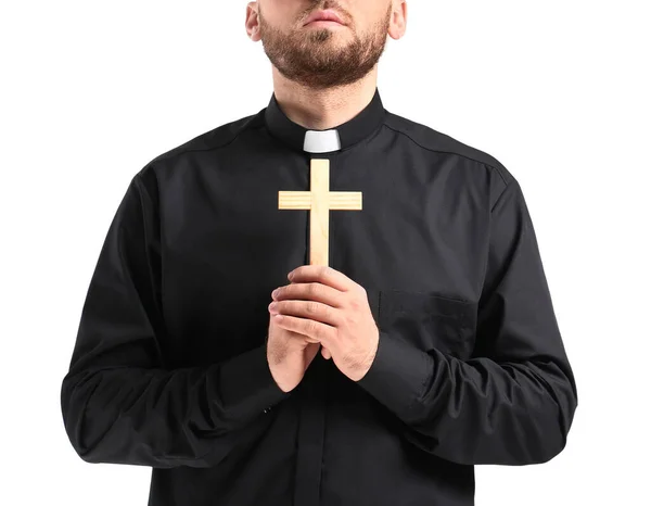 Young Priest Cross White Background — Stock Photo, Image