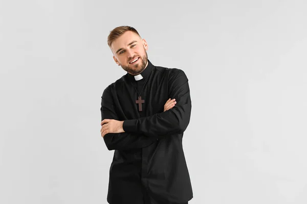 Handsome Young Priest Light Background — Stock Photo, Image