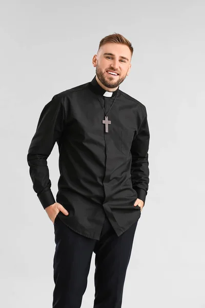 Handsome Young Priest Light Background — Stock Photo, Image