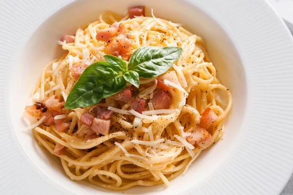 Plate Tasty Pasta Carbonara Closeup — Stock Photo, Image