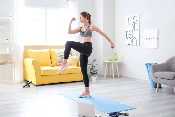 Sporty Young Woman Training Home — Stock Photo, Image