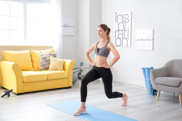 Sporty Young Woman Training Home — Stock Photo, Image