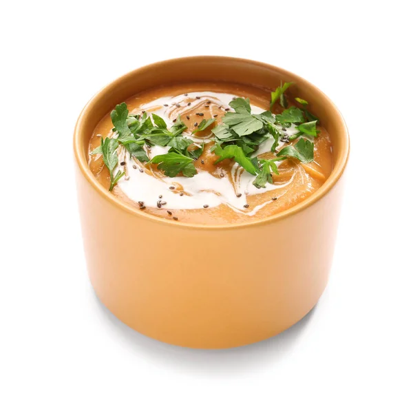 白い背景においしいレンズ豆のスープのボウル — ストック写真