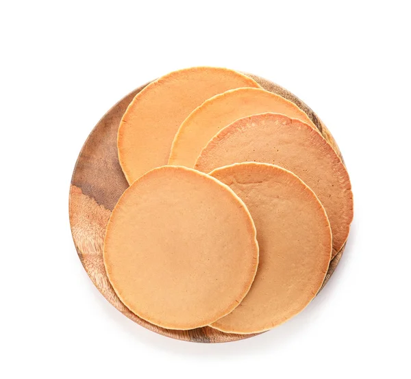 Platt Med Välsmakande Pannkakor Vit Bakgrund — Stockfoto