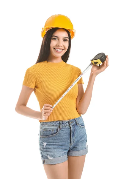 Young Woman Measuring Tape White Background — Stock Photo, Image