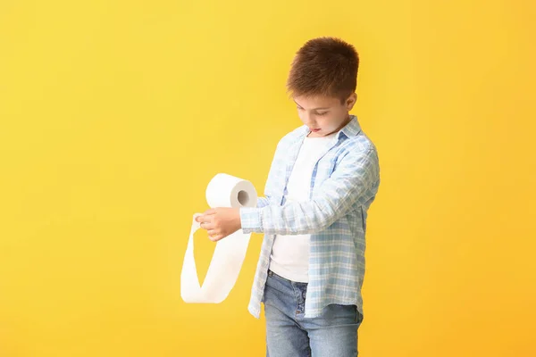 Funny Little Boy Toilet Paper Color Background — Stock Photo, Image