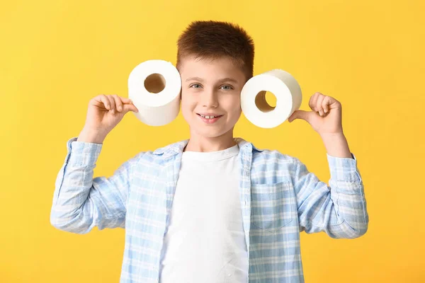 Funny Little Boy Toilet Paper Color Background — Stock Photo, Image