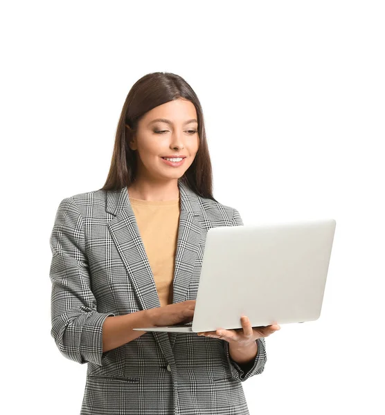 Porträt Einer Jungen Geschäftsfrau Mit Laptop Auf Weißem Hintergrund — Stockfoto