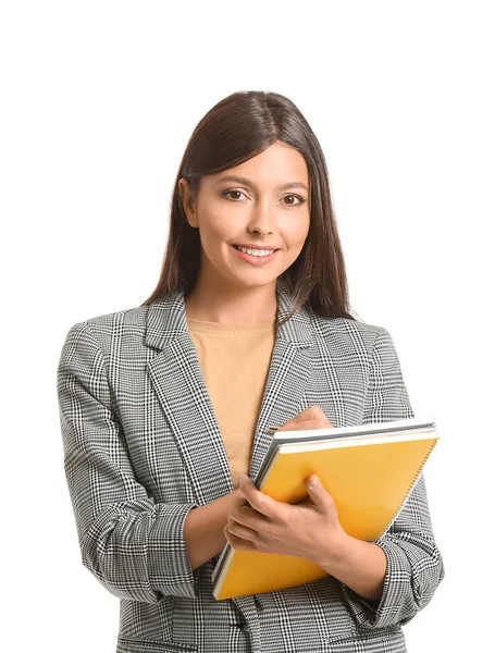 Portrait Young Businesswoman Documents White Background — Stock Photo, Image