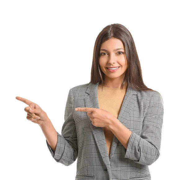 Portrait Young Businesswoman Pointing Something White Background — Stock Photo, Image