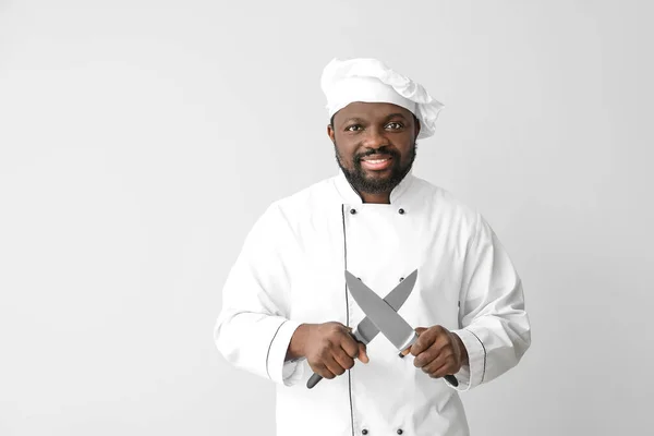 Male African American Chef Knives White Background — Stock Photo, Image