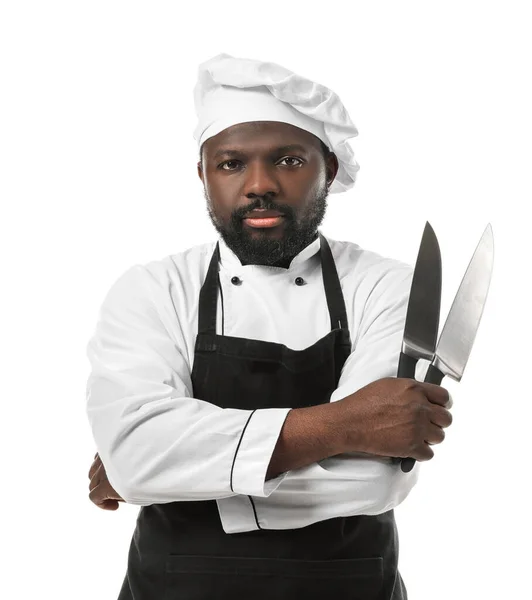 Chef Afroamericano Masculino Con Cuchillos Sobre Fondo Blanco — Foto de Stock