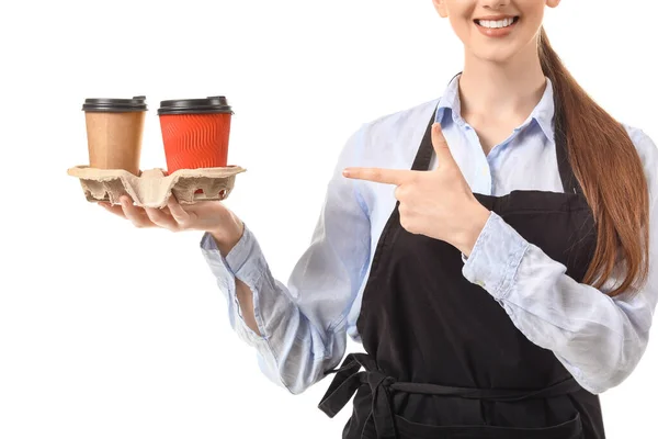 Jonge Vrouwelijke Barista Witte Achtergrond — Stockfoto