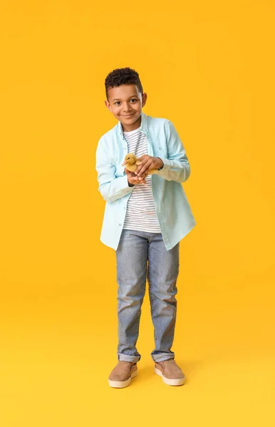 Lilla Afroamerikanska Pojke Med Söt Ankunge Färg Bakgrund — Stockfoto