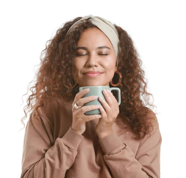 Beautiful Young African American Woman Hot Tea White Background — Stock Photo, Image