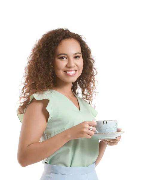 Beautiful Young African American Woman Hot Tea White Background — Stock Photo, Image