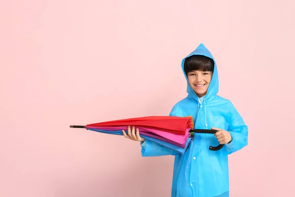 Cute Little Boy Raincoat Umbrella Color Background — Stock Photo, Image