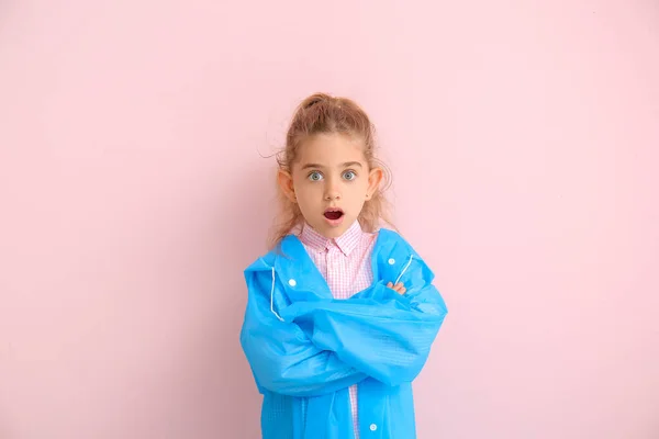 Surprised Little Girl Raincoat Color Background — Stock Photo, Image