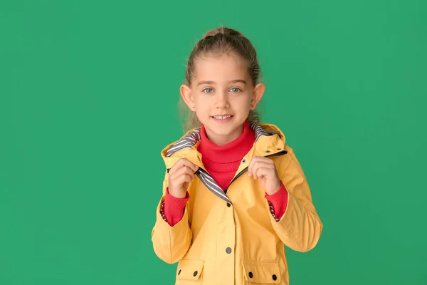 Cute Little Girl Raincoat Color Background — Stock Photo, Image