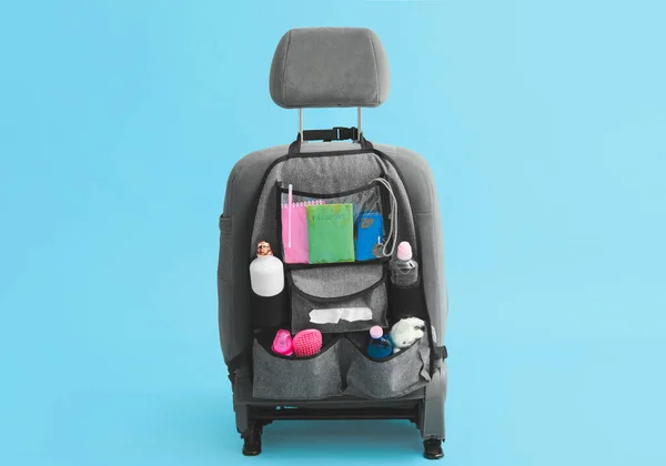 Travel Organizer Different Things Car Seat Color Background — Stock Photo, Image