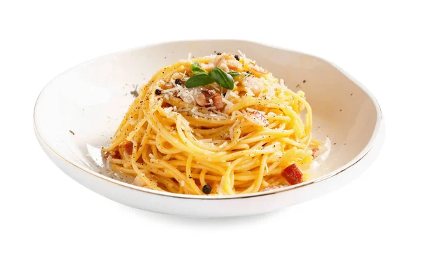 Plate Tasty Pasta Carbonara White Background — Stock Photo, Image