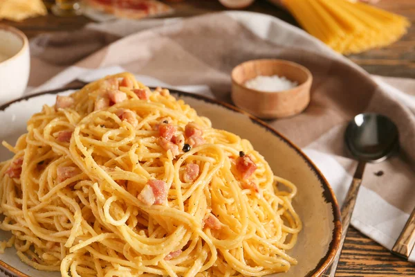 Plate Tasty Pasta Carbonara Table Closeup — Stock Photo, Image