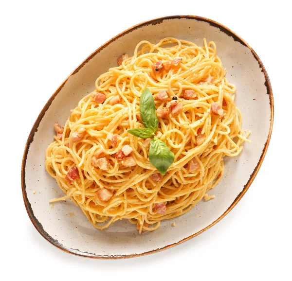 Plate Tasty Pasta Carbonara White Background — Stock Photo, Image