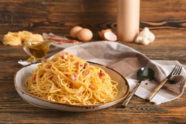 Plate Tasty Pasta Carbonara Table — Stock Photo, Image