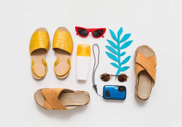 Composition Beach Accessories White Background — Stock Photo, Image