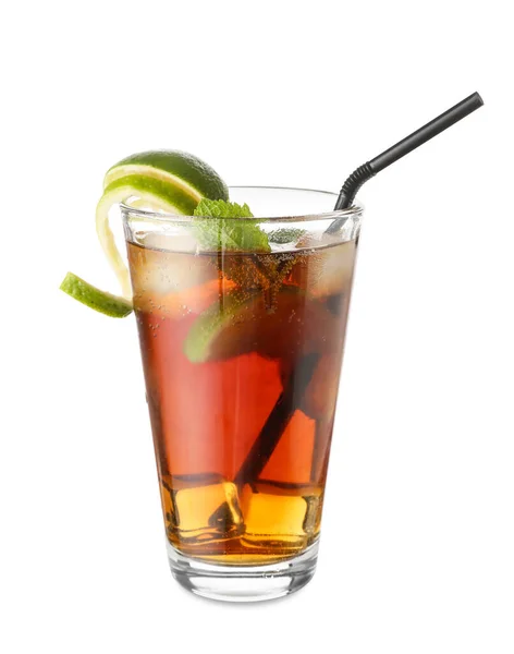 Glas Välsmakande Kuba Libre Cocktail Vit Bakgrund — Stockfoto