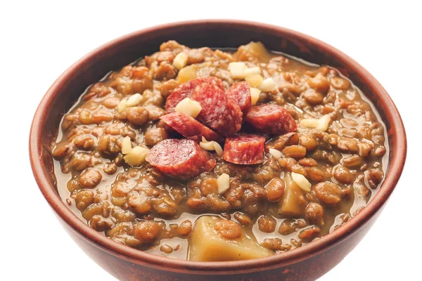 Bowl Tasty Lentils Soup White Background — Stock Photo, Image