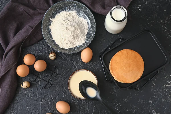 Composition Ingredients Pancakes Dark Background — Stock Photo, Image