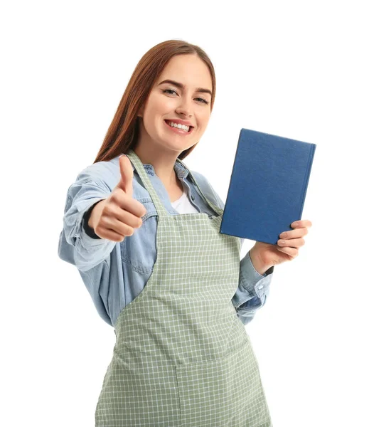 Ung Kvinna Med Recept Bok Vit Bakgrund — Stockfoto