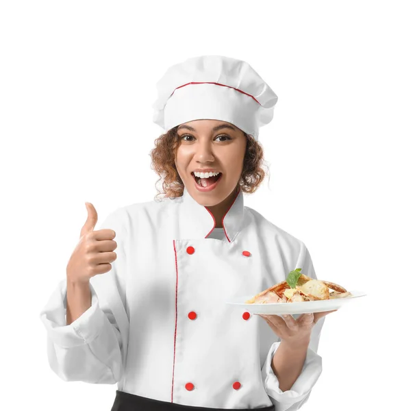 Female African American Chef Tasty Dish White Background — Stock Photo, Image