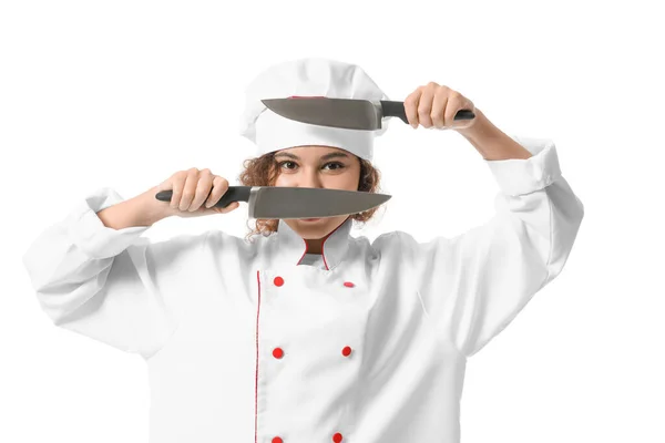 Žena Afroamerický Kuchař Noži Bílém Pozadí — Stock fotografie