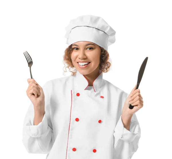 Donna Afro Americana Chef Sfondo Bianco — Foto Stock