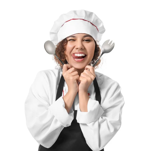 Chef Afro Americano Feminino Sobre Fundo Branco — Fotografia de Stock