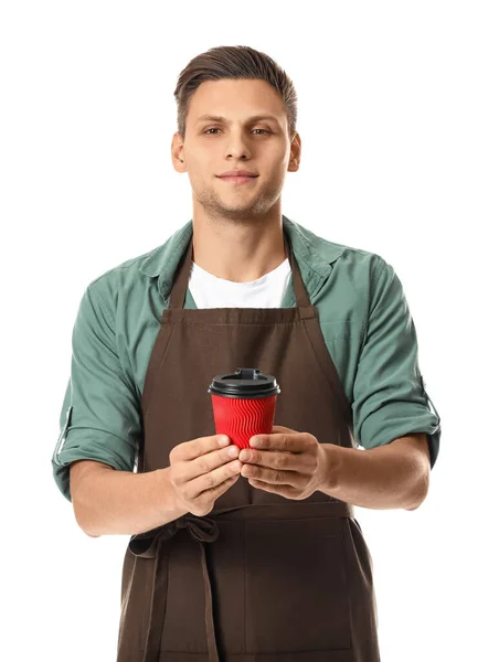 Giovane Barista Maschio Sfondo Bianco — Foto Stock