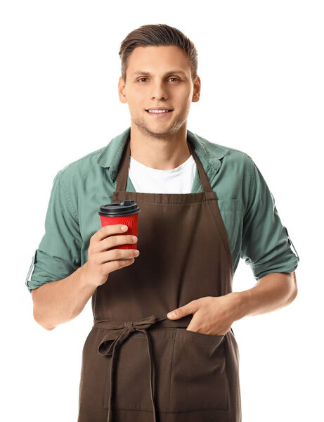 Молодой бариста на белом фоне
