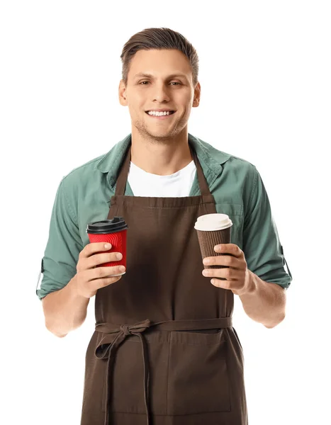 Jonge Mannelijke Barista Witte Achtergrond — Stockfoto