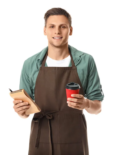 Junge Männliche Barista Auf Weißem Hintergrund — Stockfoto