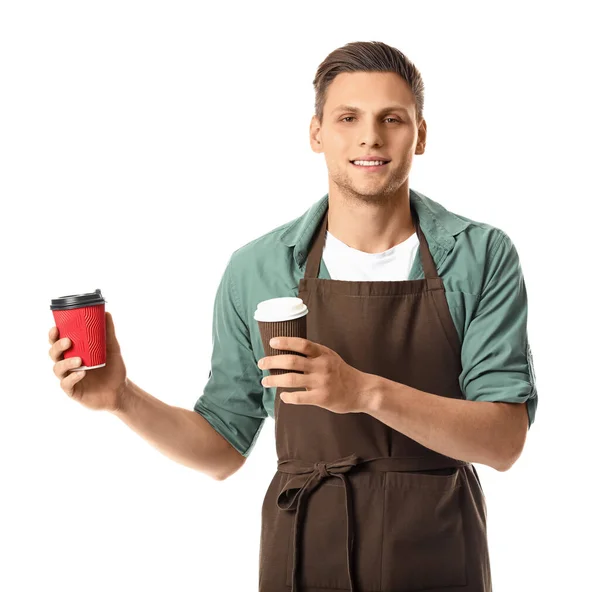 Jonge Mannelijke Barista Witte Achtergrond — Stockfoto