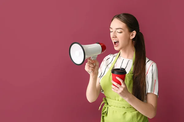 Young Female Barista Megaphone Color Background — Stock Photo, Image