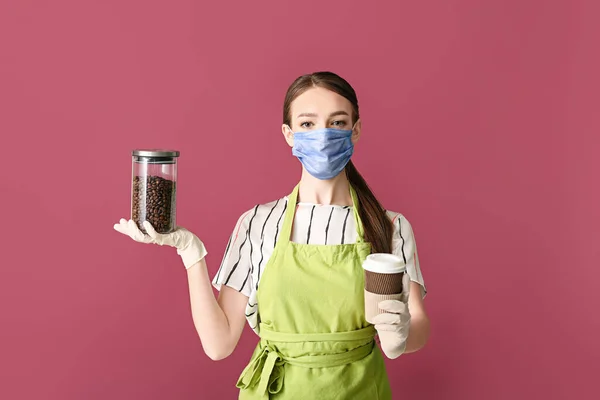 Young Female Barista Mask Color Background Concept Epidemic — Stock Photo, Image