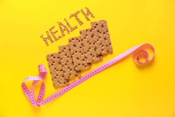 Rye Crispbreads Measuring Tape Word Health Color Background — Stock Photo, Image